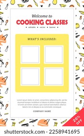 Diseño de plantillas de banner de clases de cocina. Folleto, folleto con espacio en blanco para su información sobre lo que se incluye en los cursos culinarios. Afiche con marco de utensilios de cocina en colores amarillo, rojo y naranja