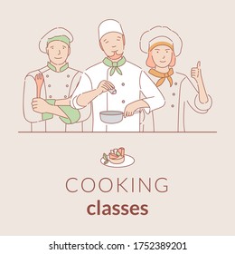 Cooking classes banner template with text space. Happy smiling chefs in uniform holding pan and spatula, and showing thumb up vector cartoon outline illustration. Culinary courses poster design.