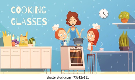 Cooking Classes For Children In Kitchen Interior Cartoon Vector Illustration With Young Woman Teaching Kids How To Cook Dinner