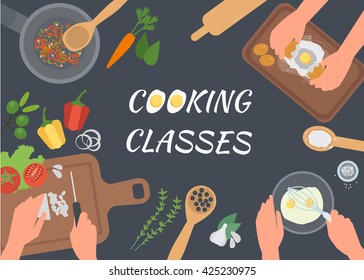 Cooking Classes Concept Illustration. Cooking Vector Banner. Top View Table With Chefs Hands.