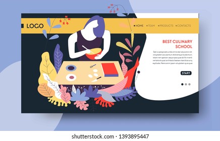 Cooking classes or culinary school online lessons website landing page template vector woman with bowl and spoon cuisine and recipes learning food preparation skill development Internet site