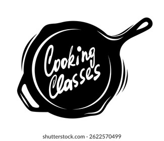 Cooking classes emblem with hand written lettering words on saute pan silhouette, isolated on white background.