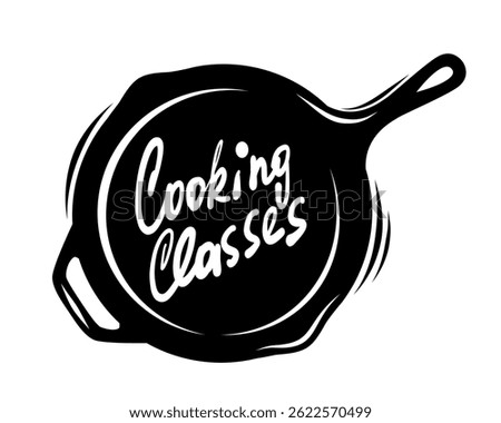 Cooking classes emblem with hand written lettering words on saute pan silhouette, isolated on white background.