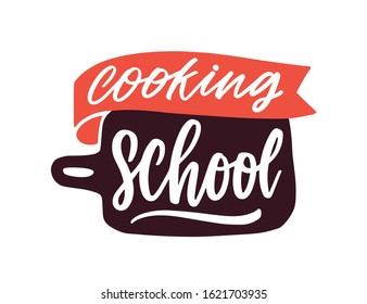 Cooking classes flat vector logotype. Cartoon cutting board with handwritten lettering sticker. Culinary courses logo isolated on white background. Cookery school advertisement label.