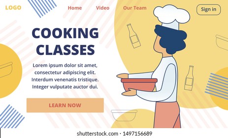 Cooking Classes Flat Vector Web Banner or Landing Page Template with Restaurant Female Chef in White Toque Blanche Hat, Holding Big Bowl in Hands, Teaching How to Prepare Food Ingredients Illustration