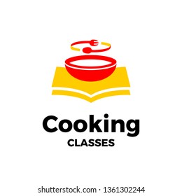 Cooking classes with fork and spoon make a circle on the yellow book. Logo Illustration in white background
