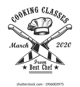 Cooking classes invitation card design. Monochrome element with chiefs cap, crossed knives vector illustration with text. Workshop and course from chef concept for stamps and emblems templates