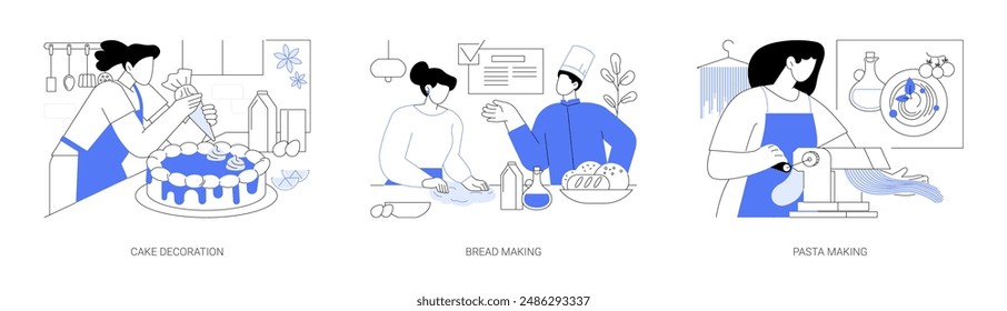 Cooking classes isolated cartoon vector illustrations set. Learning cake decoration technique, pastry master class, making own bread, make pasta kitchen appliances, culinary workshop vector cartoon.