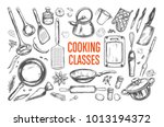 Cooking classes and Kitchen utensil set. Vector hand drawn isolated objects. Icons in sketch style