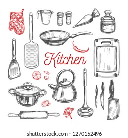 Cooking classes and Kitchen utensil set. Vector hand drawn isolated objects. Icons in sketch style