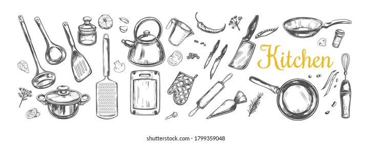 Cooking classes and Kitchen utensil set. Vector hand drawn isolated objects. Icons in sketch style