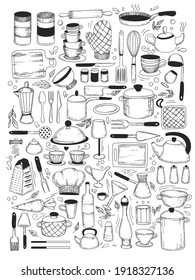 Cooking classes and Kitchen utensil set, cooking stuff for menu decoration. Vector collection of isolated objects. Icons in sketch style. Hand drawn kitchenware and cutlery on white background