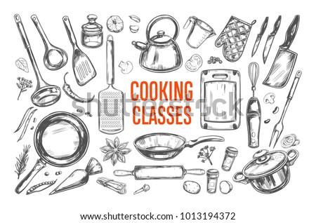 Cooking classes and Kitchen utensil set. Vector hand drawn isolated objects. Icons in sketch style