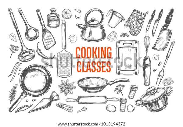 Cooking classes and\
Kitchen utensil set. Vector hand drawn isolated objects. Icons in\
sketch style