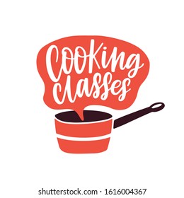 Cooking classes label vector flat illustration. Culinary courses logo in speech bubble from ladle isolated on white background. Cartoon colored nutrition school promo logotype.