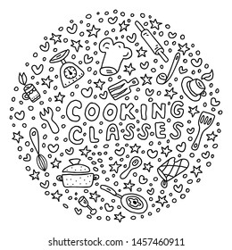 Cooking classes, lessons in doodle style. Hand drawn illustration on white background. Cook, eat, food, home baking label, icon, logo with lettering. EPS10