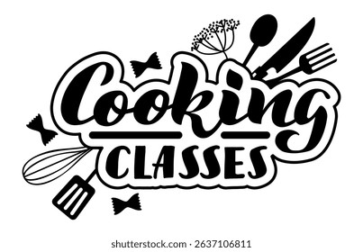 Cooking classes logo featuring stylized lettering surrounded by kitchen tools like whisk, spatula, fork, knife, spoon, farfalle pasta and dill, promoting culinary education and skill development