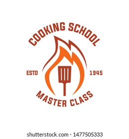 Cooking Classes logo with fire flame and spatula. Cooking Courses poster template