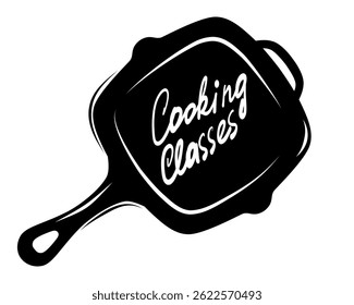 Logotipo de aulas de culinária com inscrição escrita à mão na silhueta da panela de grelha, isolado no fundo branco. Classes de cozedura imprimem.