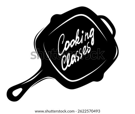 Cooking classes logo with hand written lettering inscription on grill pan silhouette, isolated on white background. Baking classes print.