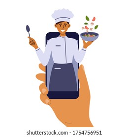 Cooking classes on mobile phone. Smiling woman preparing healthy food online. Culinary blog with recipe of vegetable salad. Human hand holding smartphone with young chef on screen. Vector illustration