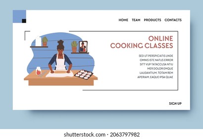 Cooking classes online, learning how to prepare food with lessons and videos in internet. Free courses for all. Website or web landing page template with navigation buttons. Vector in flat style