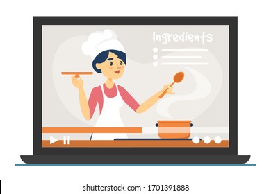 Cooking classes online vector isolated. Improve culinary skills, learning in the internet. Woman chef cooking food