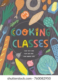 Clases de cocina diseño de afiches o cubiertas con letras dibujadas a mano e ingredientes alimentarios ilustraciones vectoriales. Soy moderno diseño naif y composición de estrado plano.