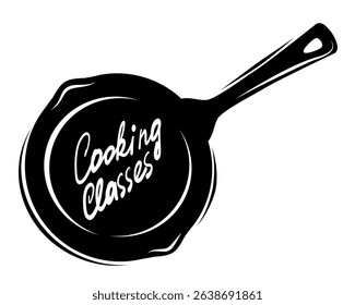 Cooking classes studio vector logo with black pan silhouette. Food icon, kitchen icon. Restaurant vector logo template. Cafe logo