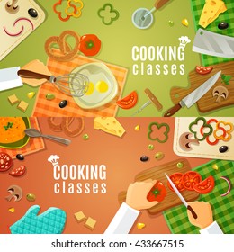 Cooking classes top view with kitchenware and products on kitchen table and chefs hands chopping vegetables on wooden board vector illustration