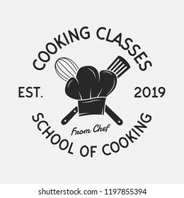 Cooking Classes vintage logo. Chef's hat ,Whisk and Spatula icons. Culinary School, Cooking courses, Food studio emblem template. Vector illustration