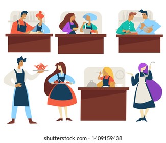 Cooking classes work in pairs men and women in aprons vector characters at desks making dishes kneading dough and mixing ingredients cutting vegetables and trying food serving tea and holding ladle
