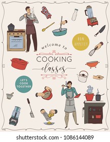 Cooking classes.Design template with people preparing meals, kitchen utensils and appliances. Isolated elements on white background. Vector illustration in sketch style
