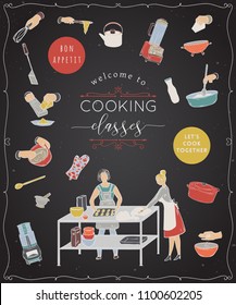 Cooking classes.Design template with people preparing meals, kitchen utensils and appliances. Isolated elements on white background. Vector illustration in sketch style 