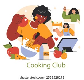 Cooking Club Konzept. Illustration einer interaktiven Online-Kochsitzung mit fröhlichen kulinarischen Enthusiasten. Teilnahme an der gemeinsamen Rezepte und der Zubereitung von Lebensmitteln. Vektorgrafik.