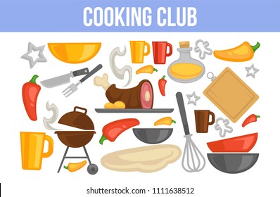 Cooking club poster with kitchenware and ingredients for dishes