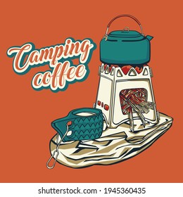 Cooking for coffee. Flat cartoon style vector illustration of cooking tool set for camping