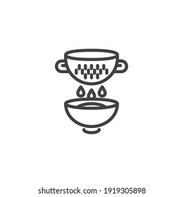 Cooking with colander line icon. linear style sign for mobile concept and web design. Strainer and bowl outline vector icon. Symbol, logo illustration. Vector graphics