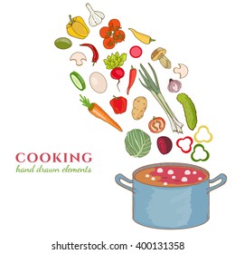 Cooking collection background vegetables fly in a pan hand drawn elements 