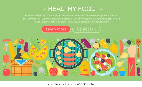 Cooking collection, healthy food infographics template design, web header elements, poster banner. Food Vector illustration.