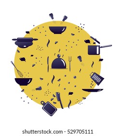 Cooking collection. Cooking tools in yellow circle. Cooking process.