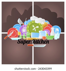 Cooking colored doodle logo with utensil. Vector illustration.