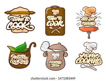 Cooking colour logos set in cartoon style.Cook, chef, kitchen utensils icon or logo. Handwritten lettering vector illustration