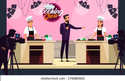 Cooking competition show and chef championship. Two participant preparing soup, second course on frying pan, fresh salad. Cameraman and host anchorman with microphone at work. Culinary tournament