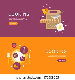 Cooking Concept. Bread on a Cutting Board. Served dish. Set of Templates for Web Banners with Headline and Button. Vector Illustration in Flat Design Style