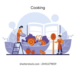 Cooking concept. A chef and an assistant prepare ingredients with joy, surrounded by an array of culinary delights, symbolizing the art of cooking. Vector illustration