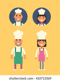 Cooking Concept. Chef Cook Profession. Smiling Man and Woman in Chief Uniforms. Flat Style Illustration. People Profession Avatars