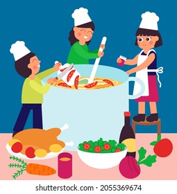 Cooking concept. Cute cartoon people cook, soup and turkey with vegetables. Tiny chefs and housewife, festive thanksgiving dinner prepared decent vector scene