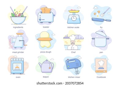 Juego de iconos planos de concepto de cocina. Conjunto de ingredientes, tostadora, báscula de cocina, masa de pizza, cocinero, sartén, horno, tetera, mezcladora, libro de cocina y otros. Símbolos de color del paquete conceptual del vector para la aplicación móvil