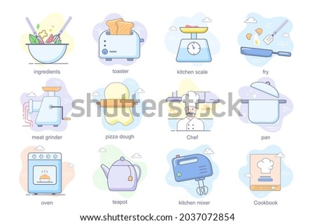 Cooking concept flat icons set. Bundle of ingredients, toaster, kitchen scale, pizza dough, chef, pan, oven, teapot, mixer, cookbook and other. Vector conceptual pack color symbols for mobile app